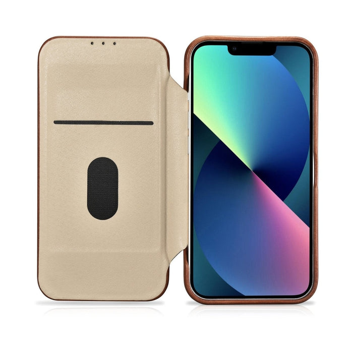 Флип Кейс от естествена кожа iCarer CE Oil Wax Premium за iPhone 14 Pro, магнитен, съвместим с MagSafe, Кафяв (AKI14220706-BN)