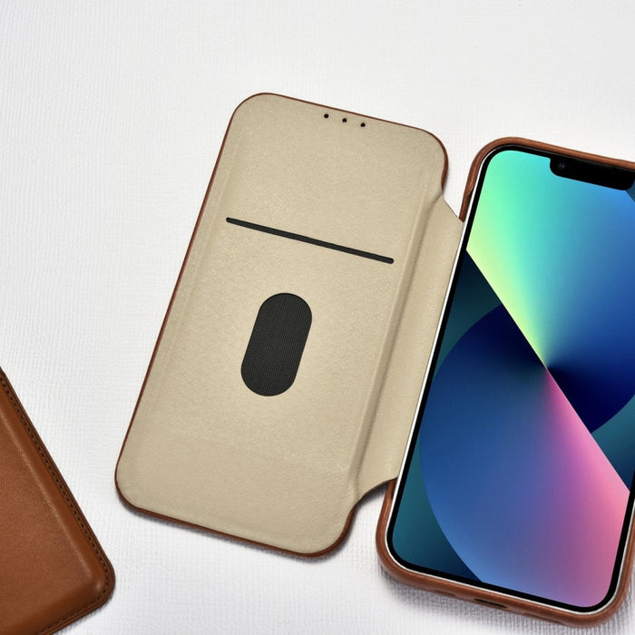 Флип Кейс от естествена кожа iCarer CE Oil Wax Premium за iPhone 14 Pro, магнитен, съвместим с MagSafe, Кафяв (AKI14220706-BN)