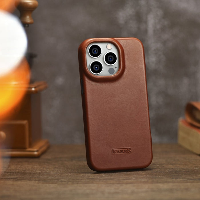 Флип Кейс от естествена кожа iCarer CE Oil Wax Premium за iPhone 14 Pro, магнитен, съвместим с MagSafe, Кафяв (AKI14220706-BN)