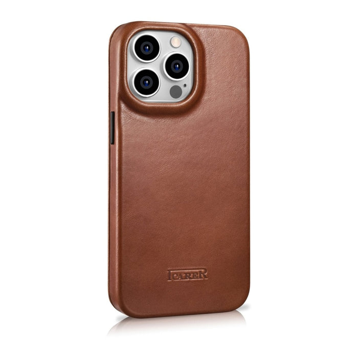 Флип Кейс от естествена кожа iCarer CE Oil Wax Premium за iPhone 14 Pro, магнитен, съвместим с MagSafe, Кафяв (AKI14220706-BN)