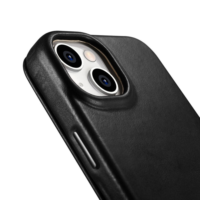 Флип Кейс от естествена кожа iCarer CE Oil Wax Premium за iPhone 14 Plus, магнитен, съвместим с MagSafe, Черен (AKI14220707-BK)