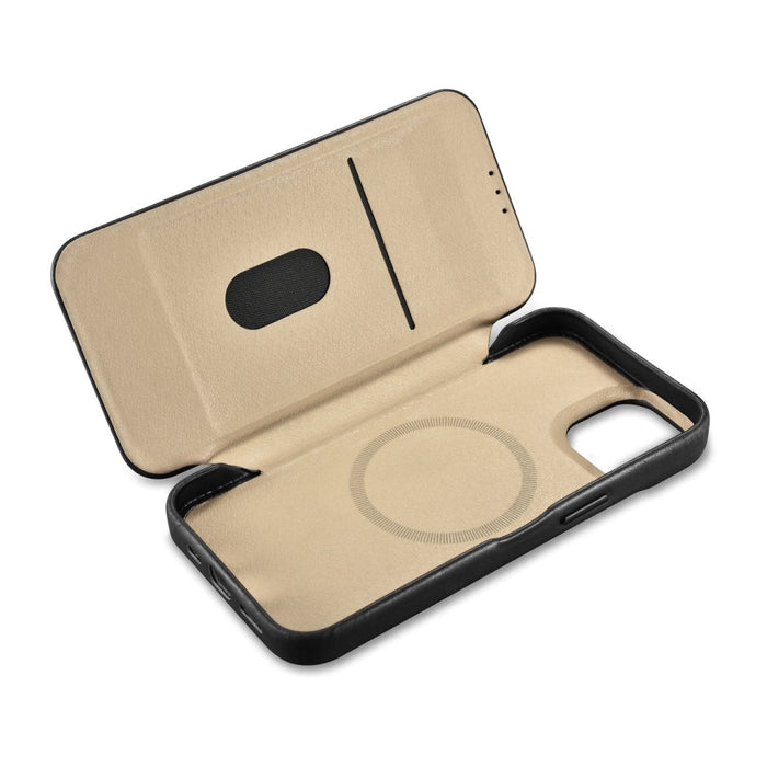Флип Кейс от естествена кожа iCarer CE Oil Wax Premium за iPhone 14 Plus, магнитен, съвместим с MagSafe, Черен (AKI14220707-BK)