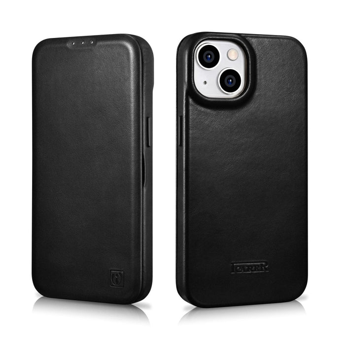 Флип Кейс от естествена кожа iCarer CE Oil Wax Premium за iPhone 14 Plus, магнитен, съвместим с MagSafe, Черен (AKI14220707-BK)