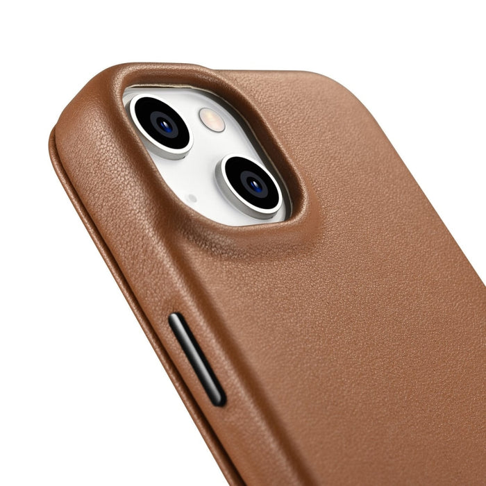 Флип Кейс от естествена кожа iCarer CE Premium за iPhone 14, магнитен, съвместим с MagSafe, Кафяв (WMI14220713-BN)