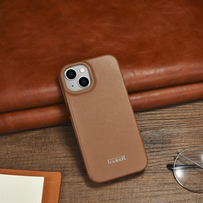 Флип Кейс от естествена кожа iCarer CE Premium за iPhone 14, магнитен, съвместим с MagSafe, Кафяв (WMI14220713-BN)