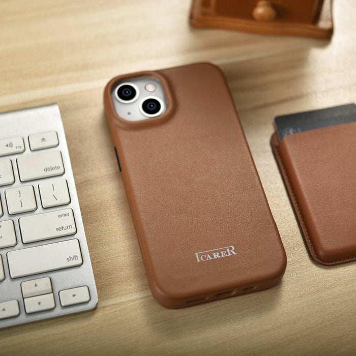 Флип Кейс от естествена кожа iCarer CE Premium за iPhone 14, магнитен, съвместим с MagSafe, Кафяв (WMI14220713-BN)