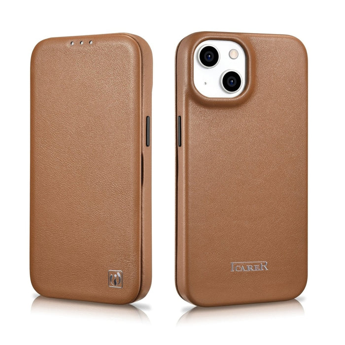 Флип Кейс от естествена кожа iCarer CE Premium за iPhone 14, магнитен, съвместим с MagSafe, Кафяв (WMI14220713-BN)