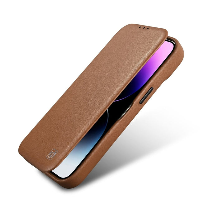 Флип Кейс от естествена кожа iCarer CE Premium за iPhone 14, магнитен, съвместим с MagSafe, Кафяв (WMI14220713-BN)