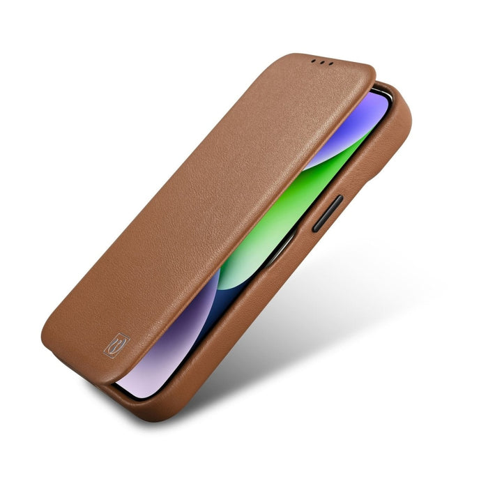 Флип Кейс от естествена кожа iCarer CE Premium за iPhone 14 Pro, магнитен, съвместим с MagSafe, Кафяв (WMI14220714-BN)