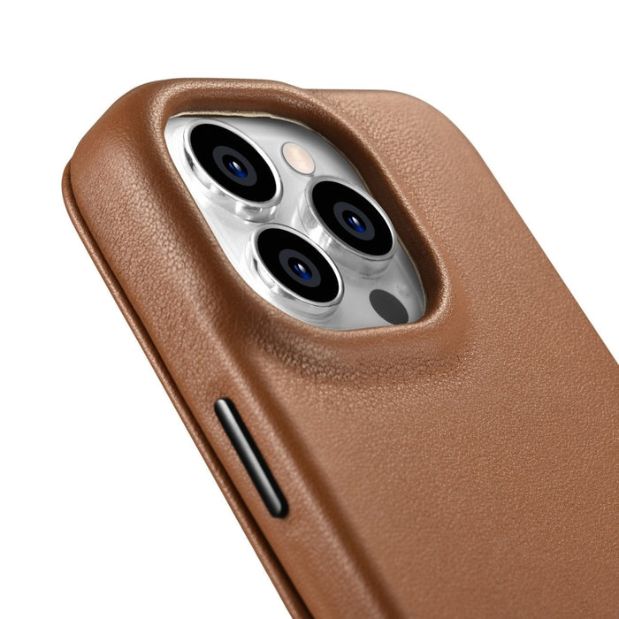 Флип Кейс от естествена кожа iCarer CE Premium за iPhone 14 Pro, магнитен, съвместим с MagSafe, Кафяв (WMI14220714-BN)