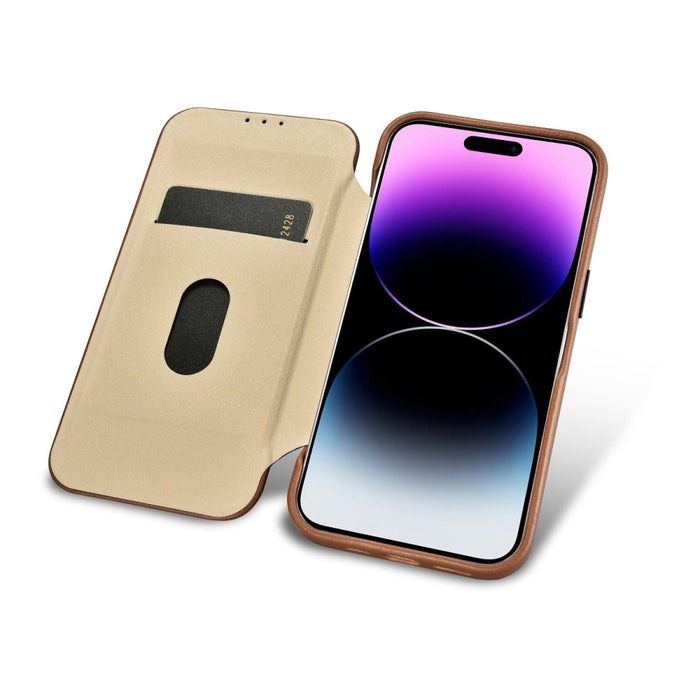 Флип Кейс от естествена кожа iCarer CE Premium за iPhone 14 Pro, магнитен, съвместим с MagSafe, Кафяв (WMI14220714-BN)