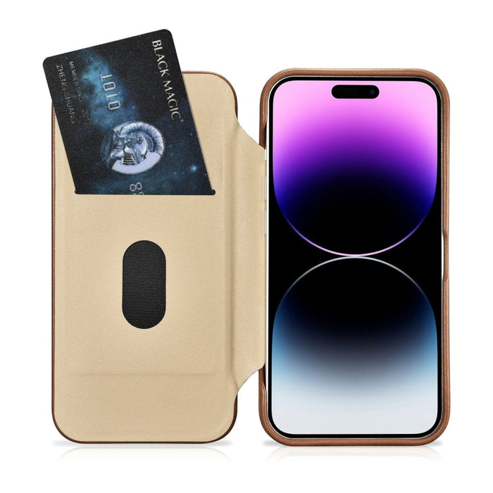 Флип Кейс от естествена кожа iCarer CE Premium за iPhone 14 Pro, магнитен, съвместим с MagSafe, Кафяв (WMI14220714-BN)