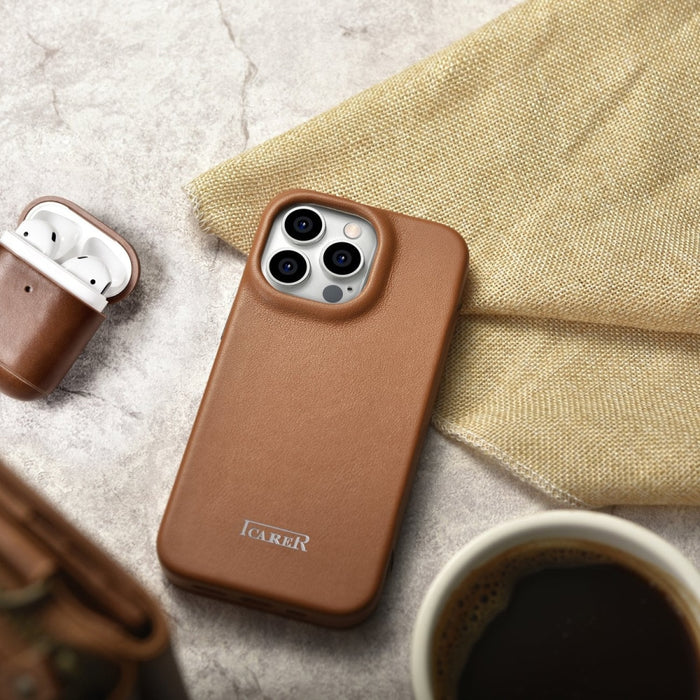 Флип Кейс от естествена кожа iCarer CE Premium за iPhone 14 Pro, магнитен, съвместим с MagSafe, Кафяв (WMI14220714-BN)