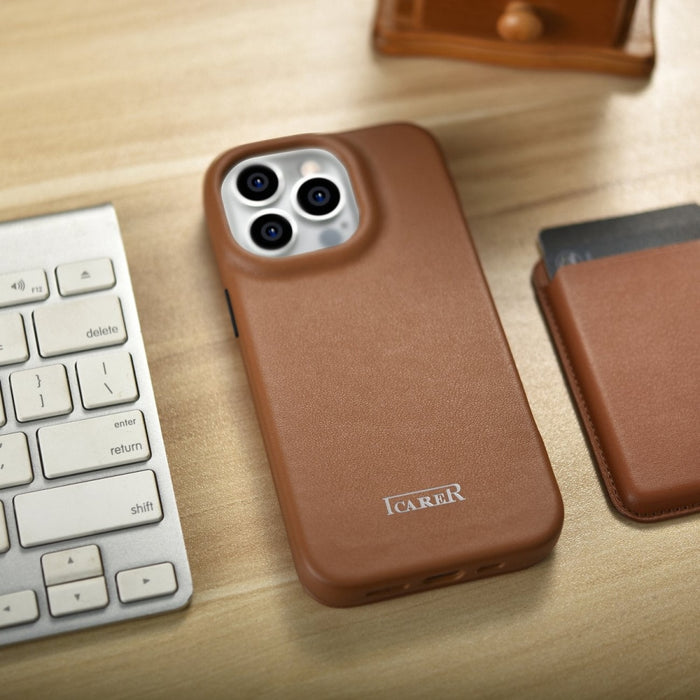 Флип Кейс от естествена кожа iCarer CE Premium за iPhone 14 Pro, магнитен, съвместим с MagSafe, Кафяв (WMI14220714-BN)