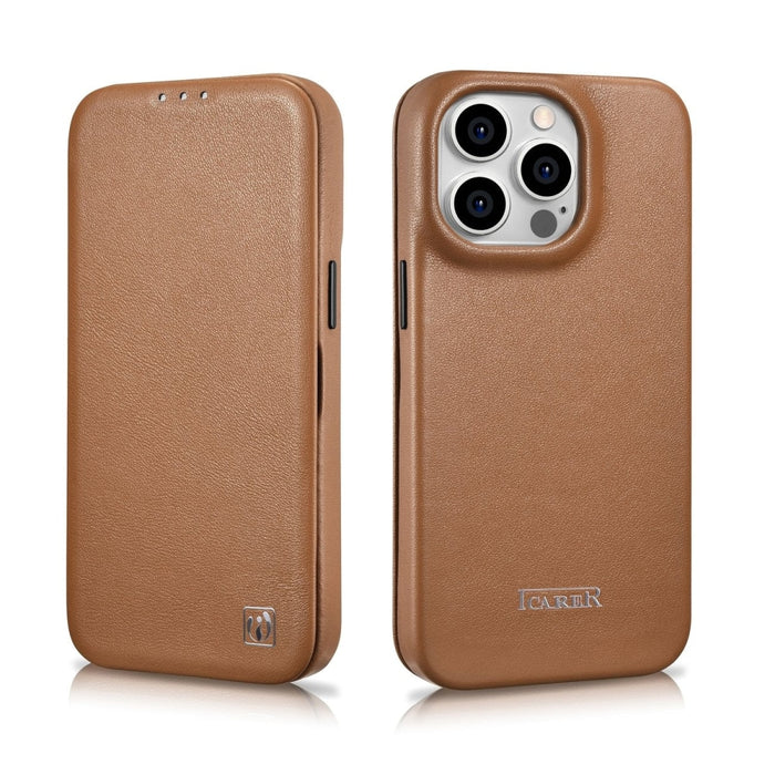 Флип Кейс от естествена кожа iCarer CE Premium за iPhone 14 Pro, магнитен, съвместим с MagSafe, Кафяв (WMI14220714-BN)