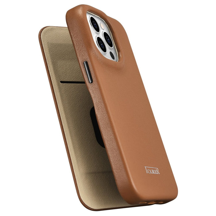 Флип Кейс от естествена кожа iCarer CE Premium за iPhone 14 Pro, магнитен, съвместим с MagSafe, Кафяв (WMI14220714-BN)