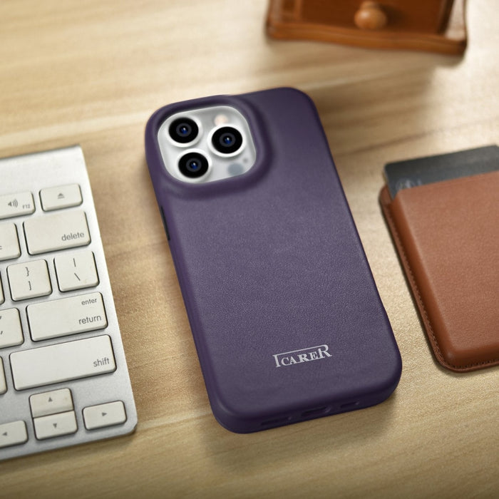 Флип Кейс от естествена кожа iCarer CE Premium за iPhone 14 Pro, магнитен, съвместим с MagSafe, Тъмнолилав (WMI14220714-DP)