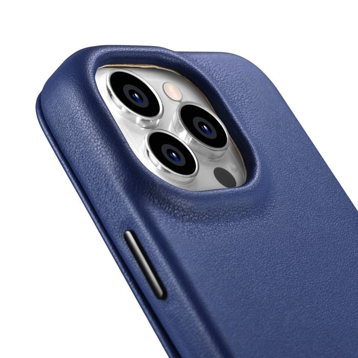 Флип Кейс от естествена кожа iCarer CE Premium за iPhone 14 Pro, магнитен, съвместим с MagSafe, Син (WMI14220714-BU)