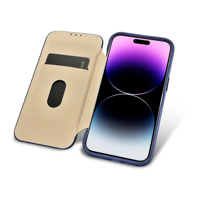 Флип Кейс от естествена кожа iCarer CE Premium за iPhone 14 Pro, магнитен, съвместим с MagSafe, Син (WMI14220714-BU)