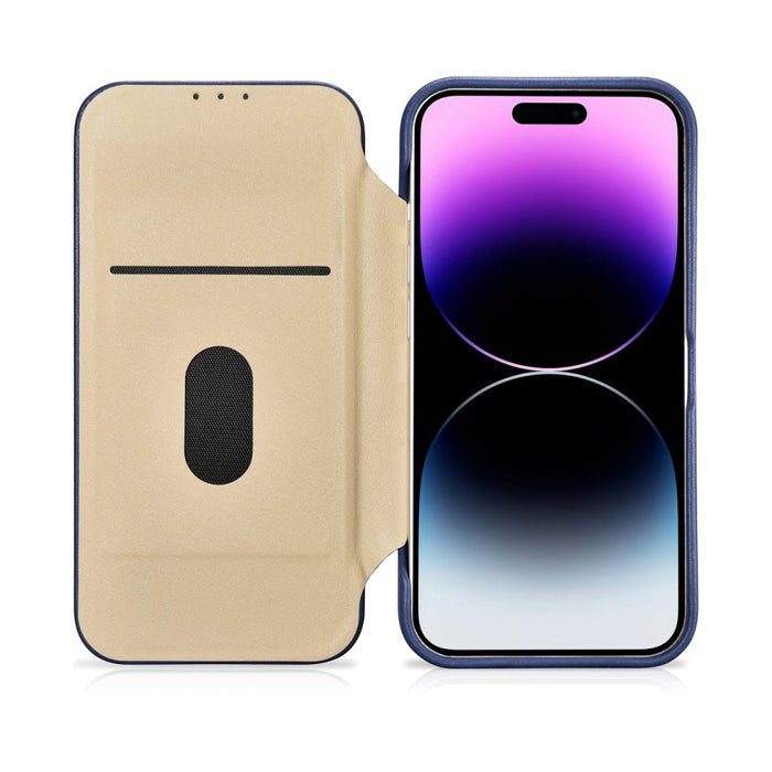 Флип Кейс от естествена кожа iCarer CE Premium за iPhone 14 Pro, магнитен, съвместим с MagSafe, Син (WMI14220714-BU)