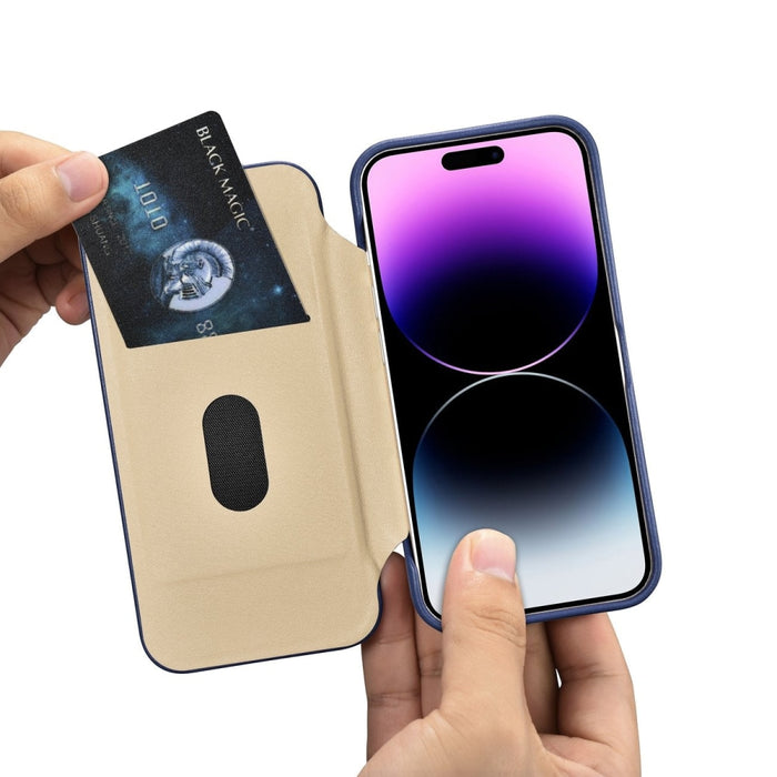 Флип Кейс от естествена кожа iCarer CE Premium за iPhone 14 Pro, магнитен, съвместим с MagSafe, Син (WMI14220714-BU)