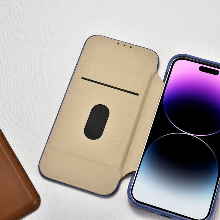 Флип Кейс от естествена кожа iCarer CE Premium за iPhone 14 Pro, магнитен, съвместим с MagSafe, Син (WMI14220714-BU)