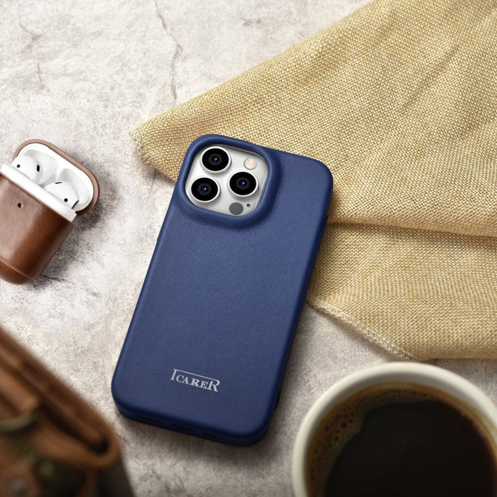 Флип Кейс от естествена кожа iCarer CE Premium за iPhone 14 Pro, магнитен, съвместим с MagSafe, Син (WMI14220714-BU)