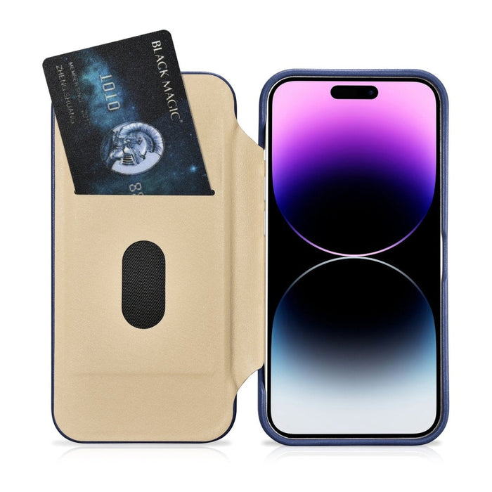 Флип Кейс от естествена кожа iCarer CE Premium за iPhone 14 Pro, магнитен, съвместим с MagSafe, Син (WMI14220714-BU)