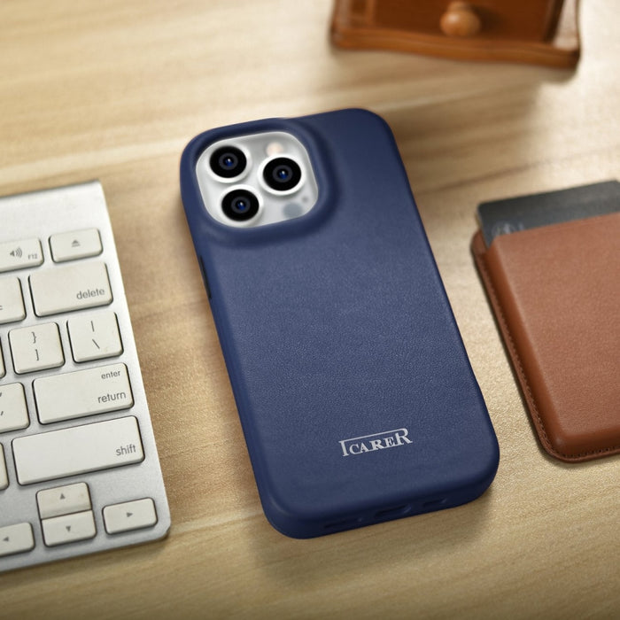 Флип Кейс от естествена кожа iCarer CE Premium за iPhone 14 Pro, магнитен, съвместим с MagSafe, Син (WMI14220714-BU)