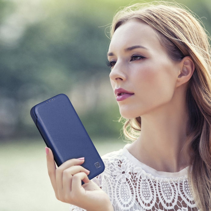Флип Кейс от естествена кожа iCarer CE Premium за iPhone 14 Pro, магнитен, съвместим с MagSafe, Син (WMI14220714-BU)