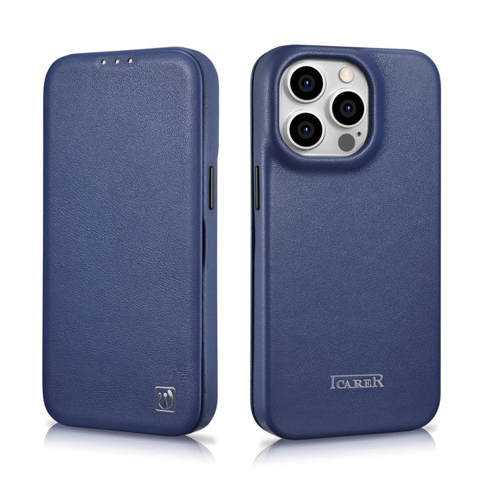 Флип Кейс от естествена кожа iCarer CE Premium за iPhone 14 Pro, магнитен, съвместим с MagSafe, Син (WMI14220714-BU)