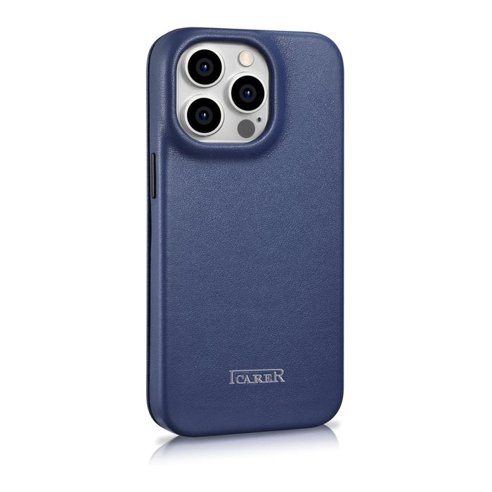 Флип Кейс от естествена кожа iCarer CE Premium за iPhone 14 Pro, магнитен, съвместим с MagSafe, Син (WMI14220714-BU)