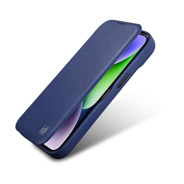 Флип Кейс от естествена кожа iCarer CE Premium за iPhone 14 Pro, магнитен, съвместим с MagSafe, Син (WMI14220714-BU)