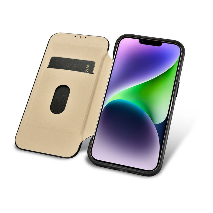 Флип Кейс от естествена кожа iCarer CE Premium за iPhone 14 Plus, магнитен, съвместим с MagSafe, Черен (WMI14220715-BK)