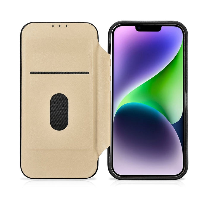Флип Кейс от естествена кожа iCarer CE Premium за iPhone 14 Plus, магнитен, съвместим с MagSafe, Черен (WMI14220715-BK)