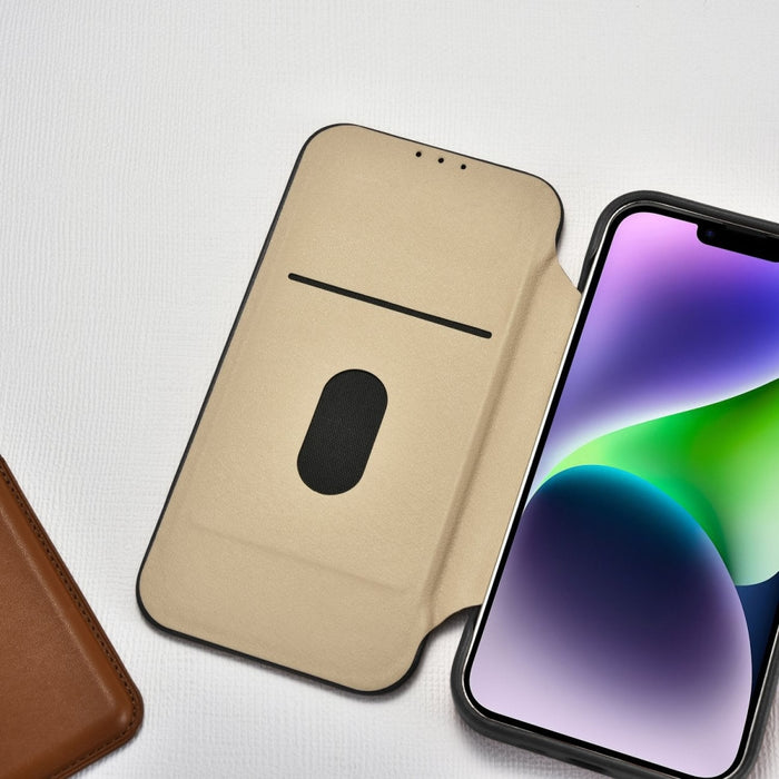 Флип Кейс от естествена кожа iCarer CE Premium за iPhone 14 Plus, магнитен, съвместим с MagSafe, Черен (WMI14220715-BK)