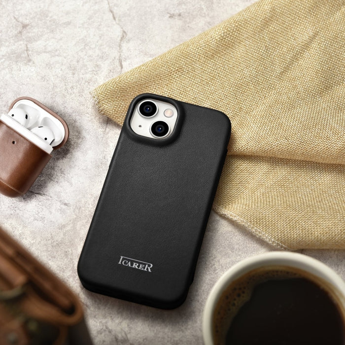 Флип Кейс от естествена кожа iCarer CE Premium за iPhone 14 Plus, магнитен, съвместим с MagSafe, Черен (WMI14220715-BK)