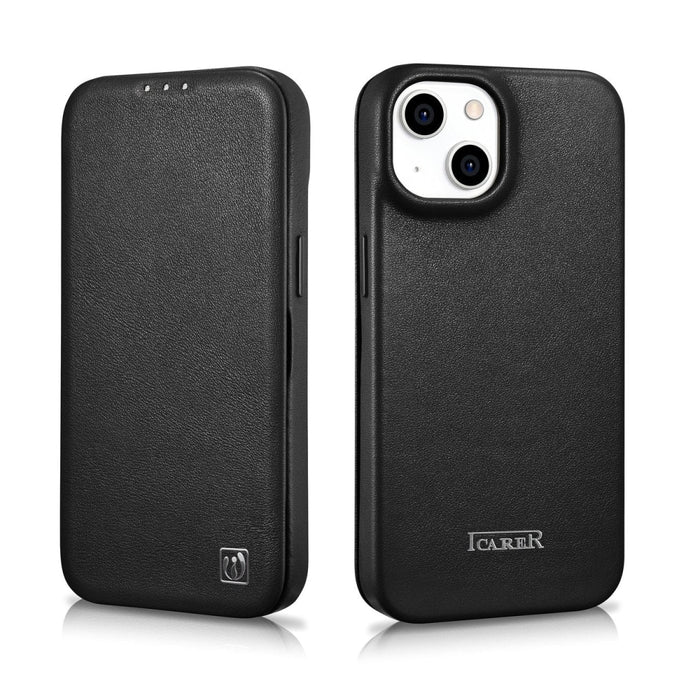 Флип Кейс от естествена кожа iCarer CE Premium за iPhone 14 Plus, магнитен, съвместим с MagSafe, Черен (WMI14220715-BK)