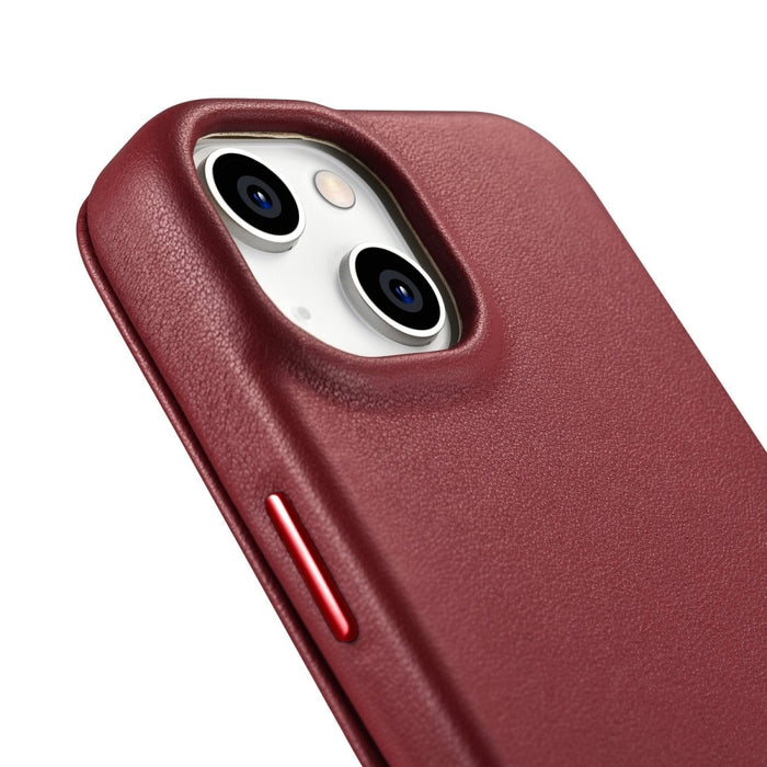 Флип Кейс от естествена кожа iCarer CE Premium за iPhone 14 Plus, магнитен, съвместим с MagSafe, Червен (WMI14220715-RD)