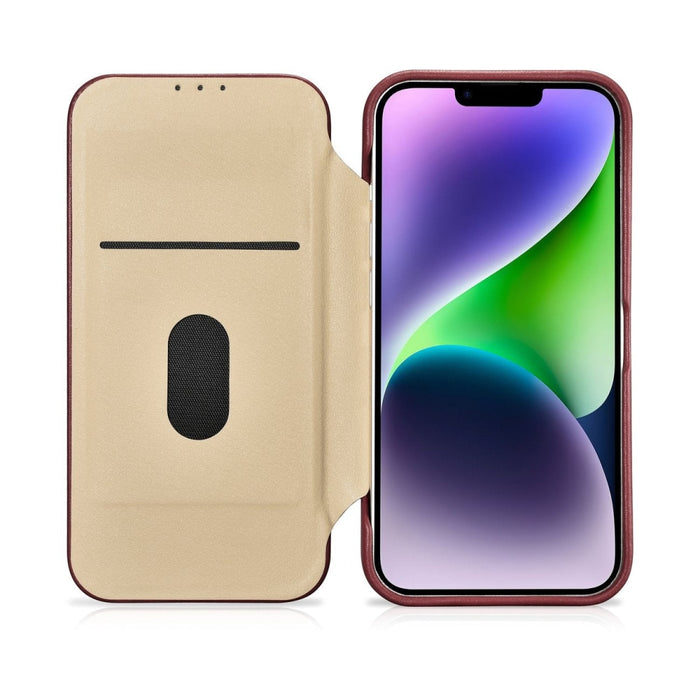 Флип Кейс от естествена кожа iCarer CE Premium за iPhone 14 Plus, магнитен, съвместим с MagSafe, Червен (WMI14220715-RD)