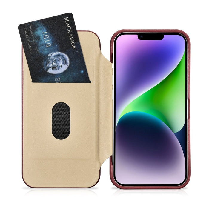 Флип Кейс от естествена кожа iCarer CE Premium за iPhone 14 Plus, магнитен, съвместим с MagSafe, Червен (WMI14220715-RD)