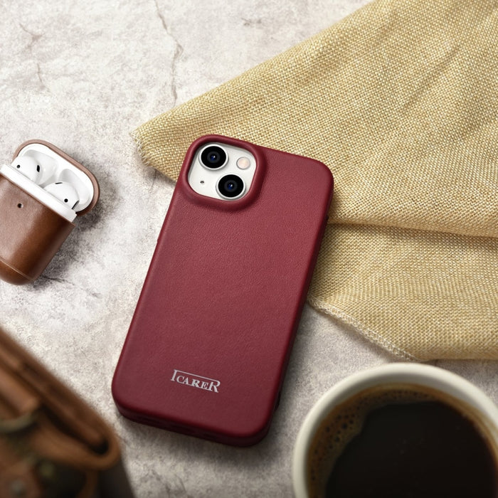 Флип Кейс от естествена кожа iCarer CE Premium за iPhone 14 Plus, магнитен, съвместим с MagSafe, Червен (WMI14220715-RD)