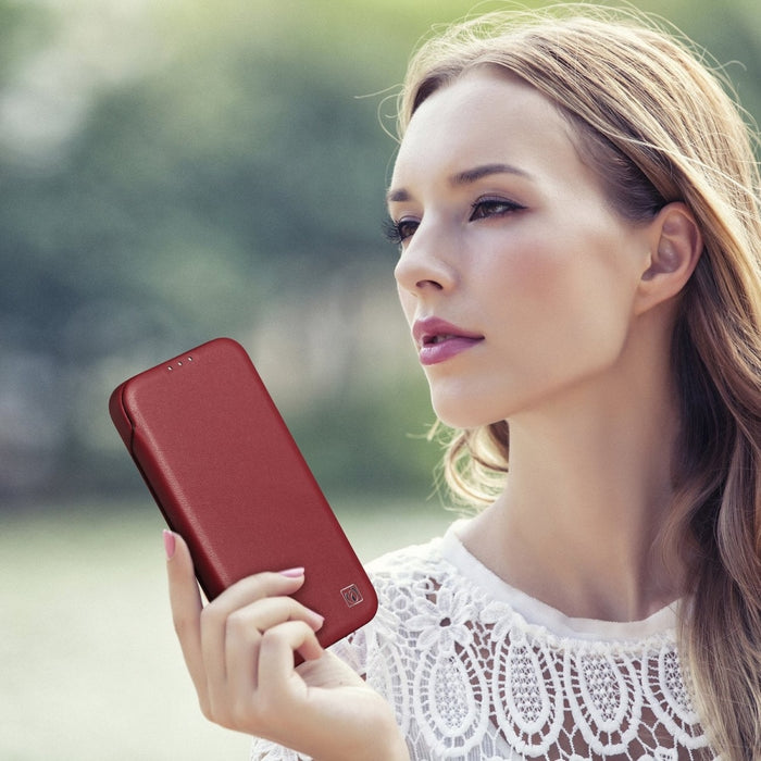 Флип Кейс от естествена кожа iCarer CE Premium за iPhone 14 Plus, магнитен, съвместим с MagSafe, Червен (WMI14220715-RD)
