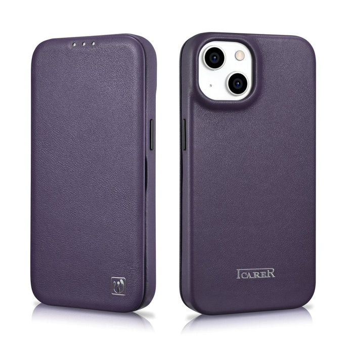 Флип Кейс от естествена кожа iCarer CE Premium за iPhone 14 Plus, магнитен, съвместим с MagSafe, Тъмнолилав (WMI14220715-DP)