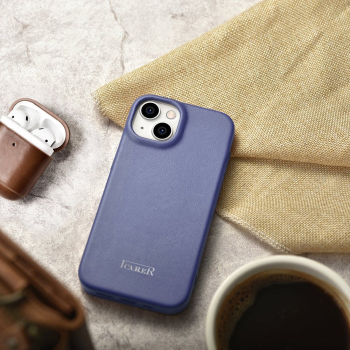 Флип Кейс от естествена кожа iCarer CE Premium за iPhone 14 Plus, магнитен, съвместим с MagSafe, Светлолилав (WMI14220715-LP)