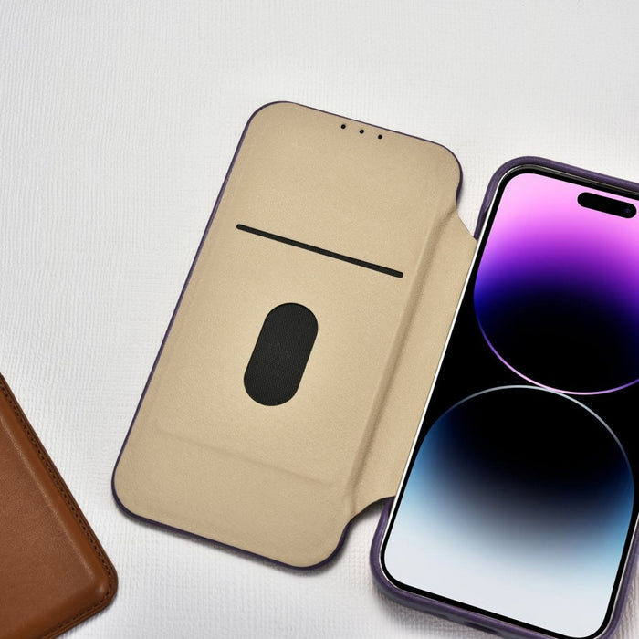 Флип Кейс от естествена кожа iCarer CE Premium за iPhone 14 Pro Max, магнитен, съвместим с MagSafe, Тъмнолилав (WMI14220716-DP)