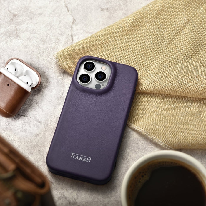 Флип Кейс от естествена кожа iCarer CE Premium за iPhone 14 Pro Max, магнитен, съвместим с MagSafe, Тъмнолилав (WMI14220716-DP)