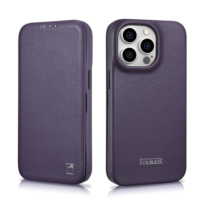Флип Кейс от естествена кожа iCarer CE Premium за iPhone 14 Pro Max, магнитен, съвместим с MagSafe, Тъмнолилав (WMI14220716-DP)