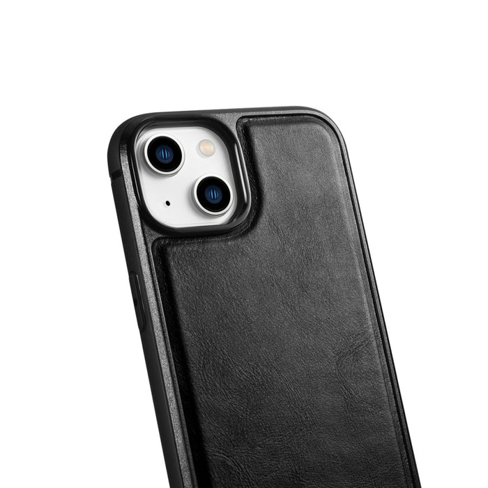 Кейс от естествена кожа iCarer Oil Wax за iPhone 14 (съвместим с MagSafe), Черен (WMI14220717-BK)
