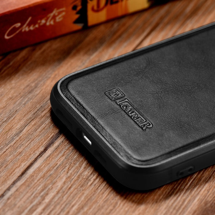 Кейс от естествена кожа iCarer Oil Wax за iPhone 14 Plus (съвместим с MagSafe), Черен (WMI14220719-BK)